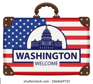 Vector travel banner with suitcase in colors of American flag with the Capitol building in Washington DC, USA, the american national landmark. The inscription Washington welcome