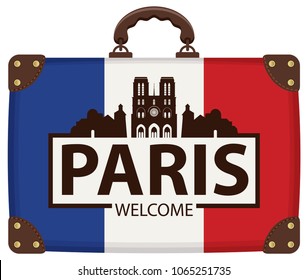 Vector travel banner with suitcase in colors of french flag with the famous Cathedral of Notre Dame de Paris, France. The inscription Paris welcome