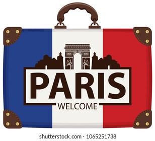 Vector travel banner with suitcase in colors of french flag with the famous Triumphal Arch in Paris, France. The inscription Paris welcome