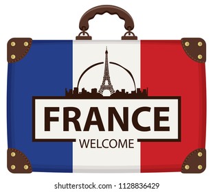 Vector travel banner with suitcase in colors of french flag with the Eiffel Tower and inscription France welcome