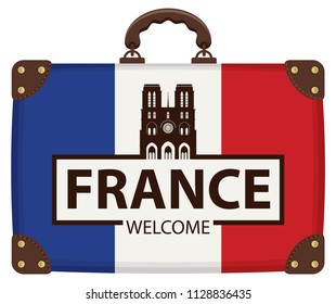 Vector travel banner with suitcase in colors of french flag with the famous Cathedral of Notre Dame de Paris. The inscription France welcome
