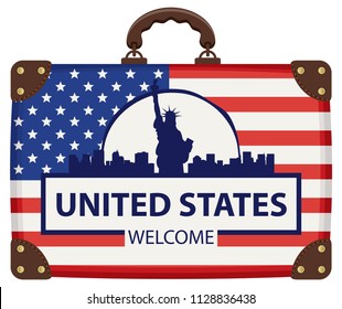 Vector travel banner with suitcase in colors of American flag with Statue of Liberty in New york, USA, the american national landmark. The inscription United States welcome