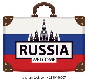 Vector travel banner with suitcase in colors of Russian flag with the Kremlin on red square in Moscow, Russia. The inscription Russia welcome