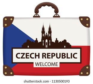 Vector travel banner with suitcase in colors of Czech flag with the famous Church of Our Lady before Tyn in Prague, Czech Republic. The inscription Czech Republic welcome