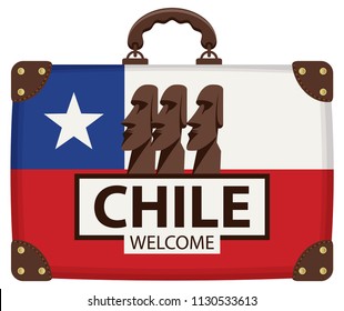 Vector travel banner with suitcase in colors of Chili flag with The Moai statues of Easter island, Polynesia, Chili. Stone idols of Rapa Nui island. The inscription Chili welcome