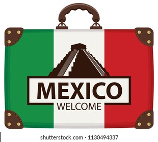 Vector travel banner with Suitcase with the flag of Mexico. The teotihuacan pyramids in Mexico, North America. Ancient stepped pyramids with temples on top. Mesoamerican architectural landmark