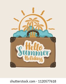 Vector travel banner with a suitcase, palm trees, sun and clouds. Summer poster, flyer, invitation or card with inscription Hello summer holidays