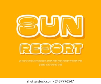 Vector banner de viaje Sun Resort.  Fuente de color amarillo brillante. Conjunto de letras artísticas modernas. 