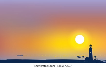 Vector travel banner with tropical seascape. Silhouettes of lighthouse, palm trees and white ship in the sea at sunset or sunrise. Summer poster, flyer, invitation, card, background.