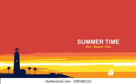 Vector travel banner with tropical seascape and words Summer time. Silhouettes of lighthouse, palm trees and white sailboat in the sea at sunset or sunrise. Summer poster, flyer, invitation or card