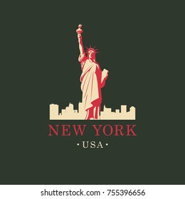 Vector travel banner. USA landmark Statue of Liberty in background of New York skyline