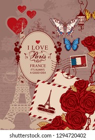 Vector travel banner in vintage style with words I love Paris, with Eiffel Tower, butterfly and red roses, envelopes, postage stamp and french flag on the background of the old manuscript with spots.