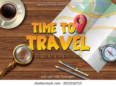 Vector travel banner, voyage map on the wooden table from above with magnifying glass and compass.