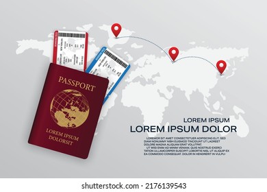Vector travel banner with world. Airline tickets international vacation concept. Airplane ticket and passport booking.