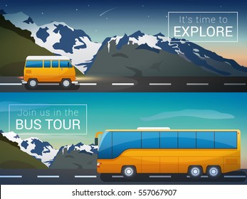 Vector Travel Banners Set. Bus Tour To Alps Mountains, Mini Bus In The Wild, The Company Travelers, Time To Explore