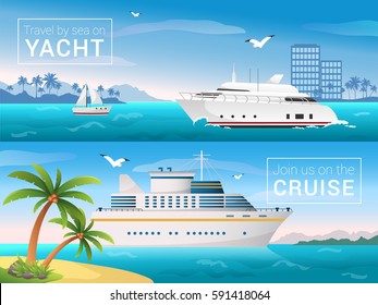 Banners de viagem vetorial definidos. Iate na baía da ilha tropical, navio de cruzeiro marítimo nas ilhas. navio de cruzeiro no mar