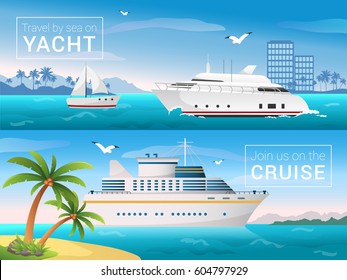 Vector travel banners set. Yacht in the bay of tropical island, ocean sea cruise liner in the islands.