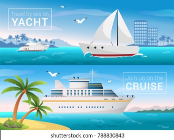 Vector travel banners set. Yacht in the bay of tropical island, ocean sea cruise liner in the islands