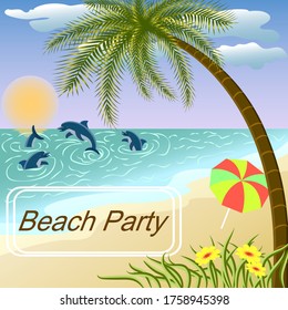 Vector travel and beach vacation banner.Beach, sea and dolphins in summer banner vector illustration.