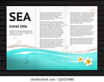 Vector travel brochure design with blue sea, sand, stones, white frangipani flower; modern  presentation template for travel tourism business; illustration on black wood background 