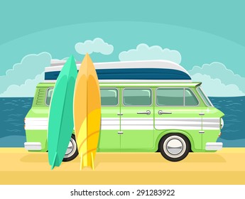 Vector travel bus flat cartoon illustration