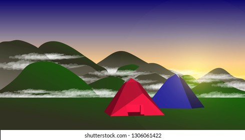 Vector travel and camping tents with winter