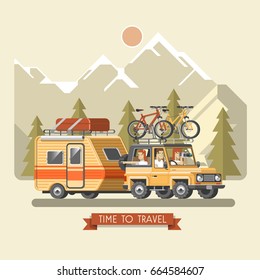 Vector travel car with trailer, top luggage carrier and bicycles. Mountain bikes and cyclists. Off-road SUV vehicle fully equipped for expedition.