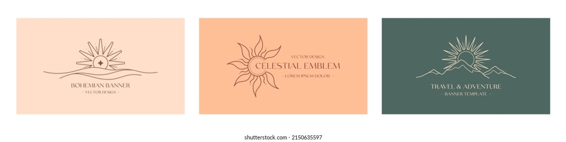 Viajes vectoriales y diseño de logotipo celestial con paisaje de montaña, olas de mar, sol.Iconos o símbolos lineales de Boho de estilo minimalista.Senderismo moderno, etiqueta de campamento o de centro de glamour.Diseño de marca,banner de sitio web