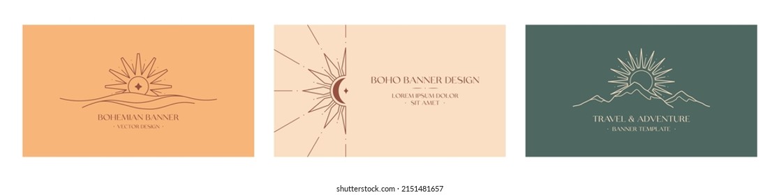 Vector travel and celestial logo design with mountain landscape,sea waves,sun.Boho linear icons or symbols in minimalist style.Modern hike,camp or glamping resort label.Branding design,website banner