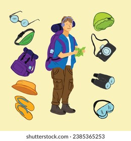 colección de viajes vectoriales, dibujado a mano, colección de viajes, un hombre mira un mapa