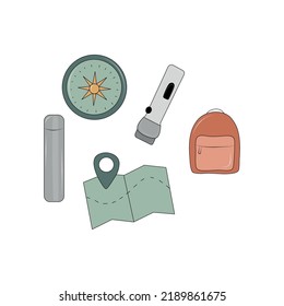 Vector travel collection on white background. Isolated elements. Lantern and thermos. Backpack and map. Compass. Colorful flat illustration.
