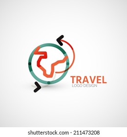 Vector Travel Company Logo Design - Earth Globe And Panes-arrows, Business Symbol Concept, Minimal Line Design