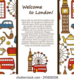 Vector travel concept with cute hand drawn cartoon objects on London theme: red bus, big ben, london eye, telephone box. Great  for site, card, map