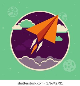 Vector travel concept in flat style - paper plane starting up in the sky