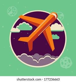 Vector travel concept in flat style - plane starting up in the sky