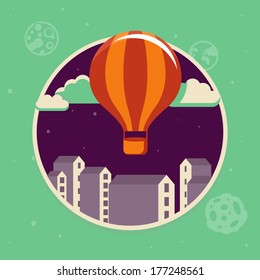 Vector travel concept in flat style - air balloon starting up in the sky