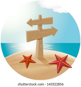 Vector travel concept. Guidepost at the beach with the sea stars