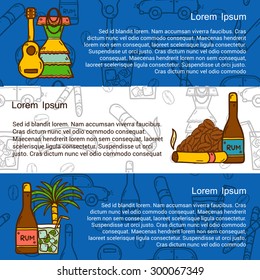 Vector travel concept with hand drawn objects and cuban background on Cuba or Latin America theme: rum, coctail, sugar cane, coffee, guitar, cigar for your design