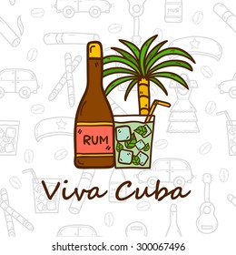 Vector travel concept with hand drawn objects and cuban seamless background on Cuba or Latin America theme: rum, coctail, sugar cane, coffee, guitar, cigar for your design