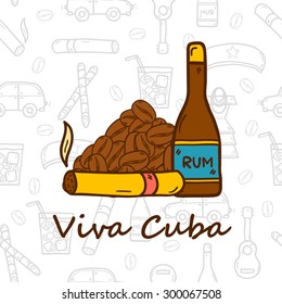 Vector travel concept with hand drawn objects and cuban seamless background on Cuba or Latin America theme: rum, coctail, sugar cane, coffee, guitar, cigar for your design