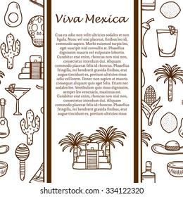 Vector travel concept with hand drawn objects and mexican seamless background on Mexico theme: rum, coctail, sugar cane, coffee, guitar, cigar for your design