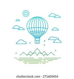 Vector travel concept in linear style - air balloon flying over the mountains