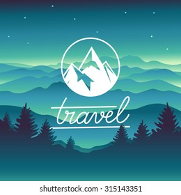 Vector Travel Concept And Logo Design Element - Mountain Landscape In Simple Style And Circle Badge With Summit