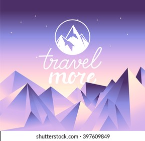 Vector travel concept and logo design element - mountain landscape and circle badge with summit - hand-lettering travel more