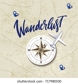 Vector Travel Concept with Map, Compass and Airplane. Vintage Illustration with Hand Drawn Lettering. Wanderlust Banner.