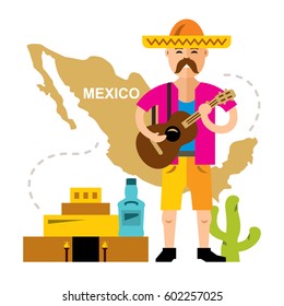 Vector Travel Concept Mexico. Flat style colorful Cartoon illustration.