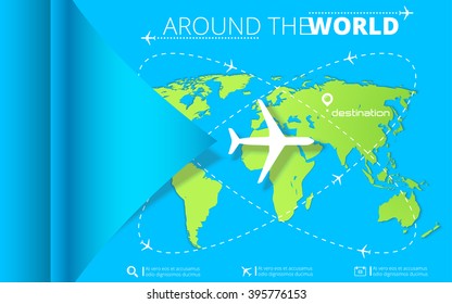 Vector travel concept. Modern airplane with steam jet flying above the Earth. Green world map. 