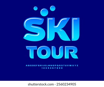 Vector travel concept Ski Tour. Gradient Blue Font. Stylish Alphabet Letters and Numbers set