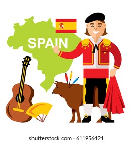 Vector Travel Concept Spain. Flat style colorful Cartoon illustration.