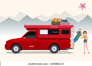 vector of travel couple take a photo with red minibus with mountains view background svg